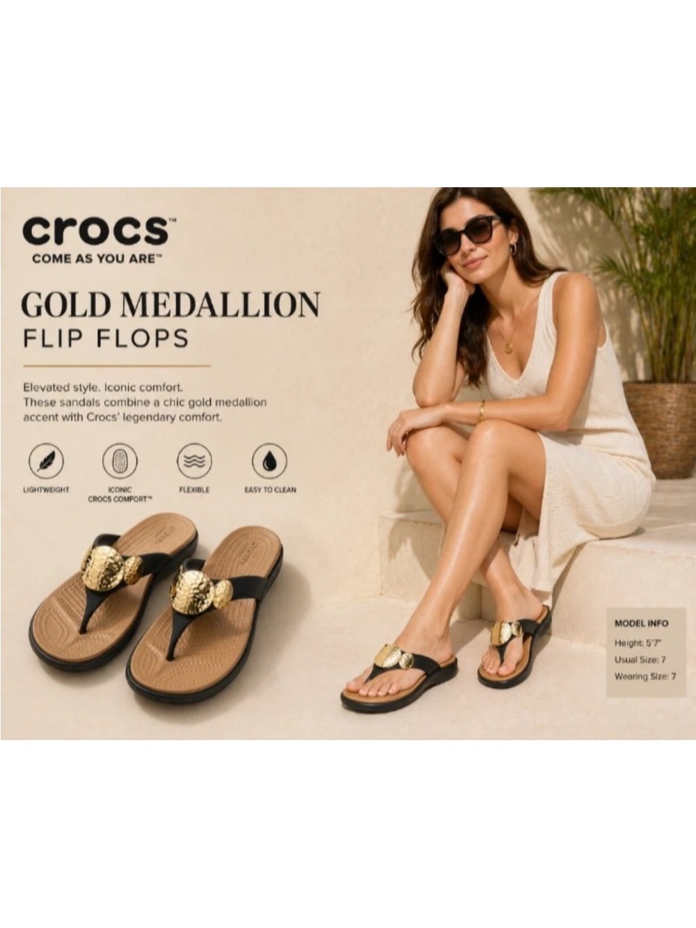 CROCS Comfort Thong Sandals Gold Hammered Medallion SANRAH 11 - Picture 2 of 9